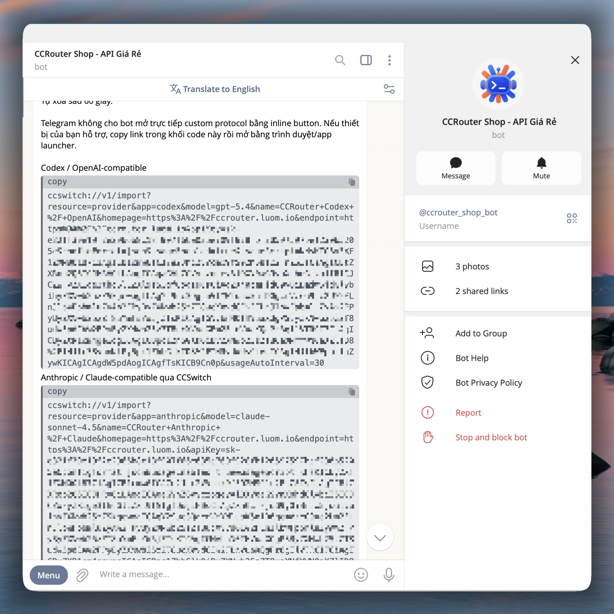 Minh hoạ lấy đường link cấu hình từ bot CCRouter