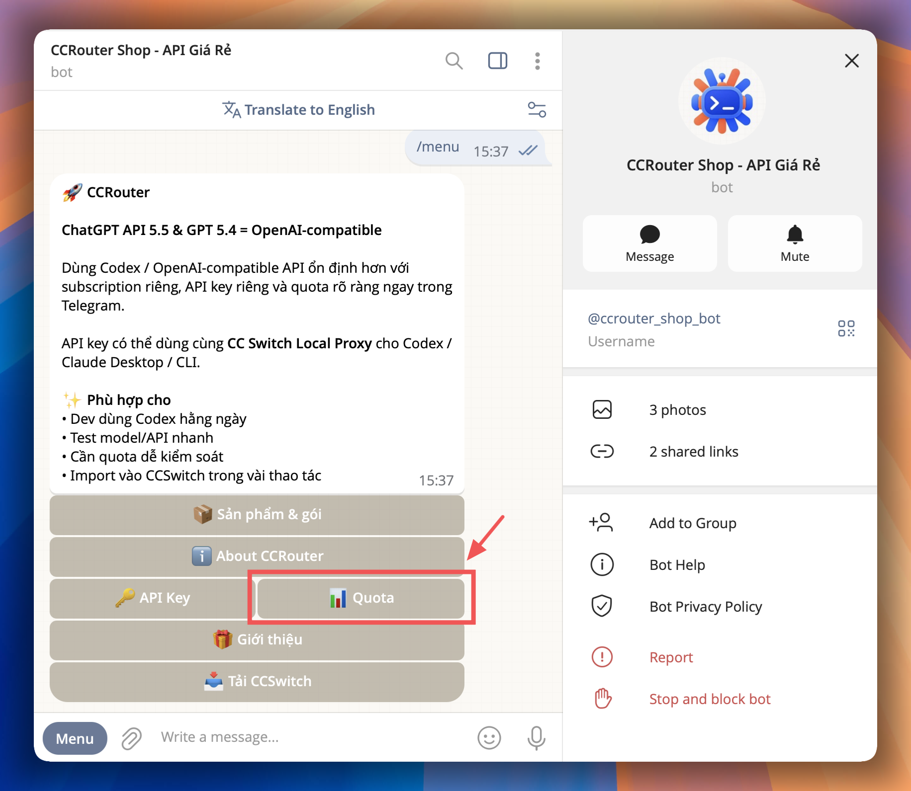 Màn hình kiểm tra quota trong Telegram bot